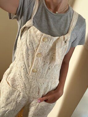 Sézane Brian Jumpsuit, Ecru Embroidered Eyelet Overalls, FR 38 / US 6, NWT